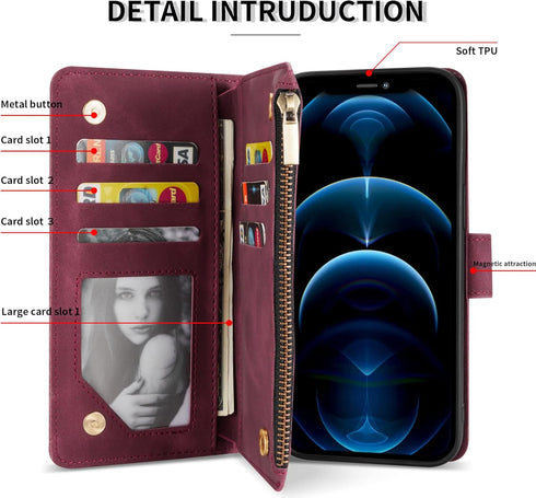 ZZXX for iPhone 12 Pro Max Wallet Case with Card Slot, Premium Soft PU Leather Zipper Flip Folio Wallet (Wine Red)