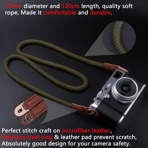 120cm Vintage Soft Camera Strap, Rope Neck Shoulder Strap for Sony Nikon Canon Fuji Mirrorless DSLR SLR (Green)