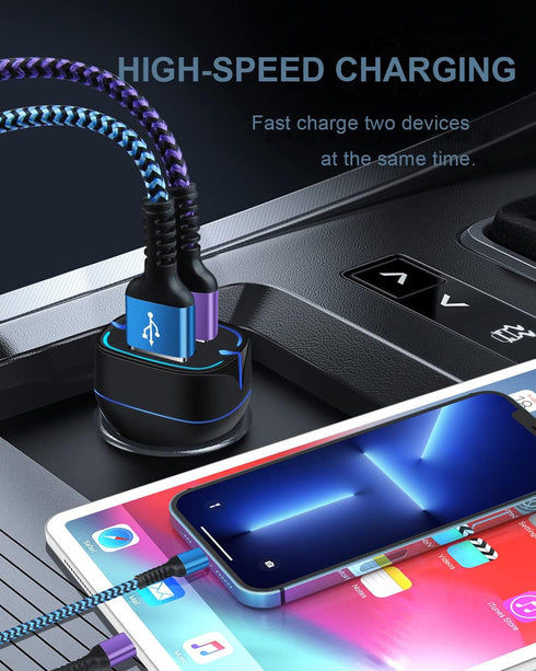 Phone Car Charger, Dual Port Cigarette Lighter Adapter + 2Pack-3FT Lightning Cables for Fast Charging iPhone 14 13
