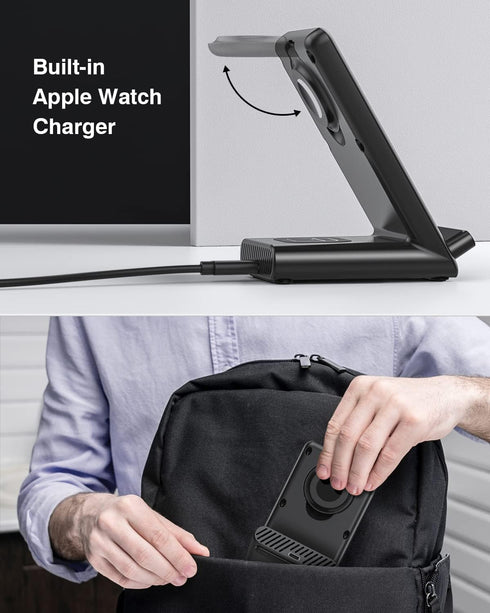 Wireless Charging Station, 3 in 1 Stand Made for Apple Watch Ultra/9/8/7/6/SE/5/4/3, Fast Wireless Charger for iPhone