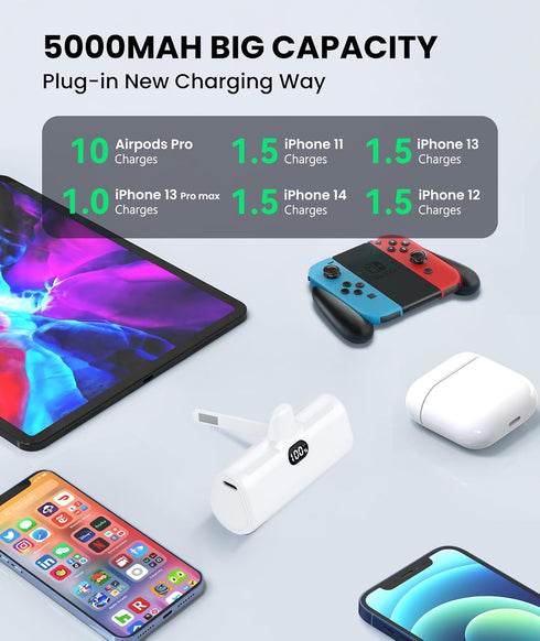 White Mini Portable Charger for iPhone with Built-in Metal Stand, 5000mAh 15W PD Fast Charging Power Bank