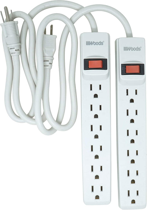Woods 41435 Power Strip with 6 Outlets, 2-Pack, 2.5’ Cord and Durable White Housing