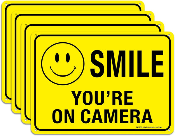 (4 Pack) Faittoo Smile You're On Camera Sign, 10x7 Reflective Rust Free Aluminum for CCTV Security