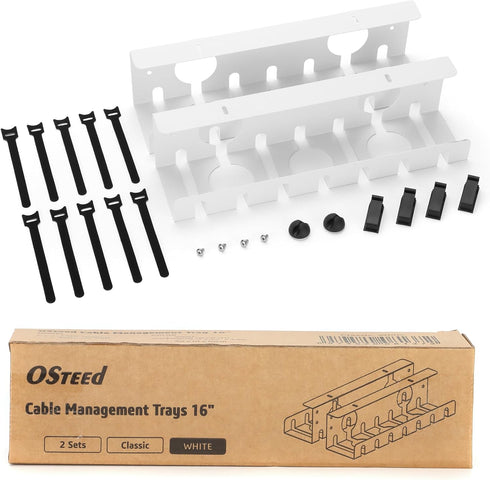 Under Desk Cable Management Tray, 2 Pack White, OSteed Cord Organizer for Desk Wire Management