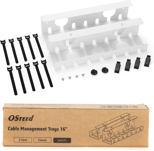 Under Desk Cable Management Tray, 2 Pack White, OSteed Cord Organizer for Desk Wire Management