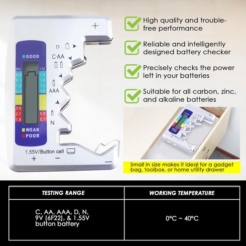 Battery Tester Universal Checker with LCD Display, Digital Multi-Purpose Small Battery Checker for Various Batteries
