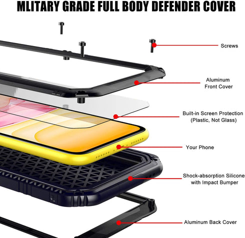 Mitywah Waterproof Case for iPhone 11, Heavy Duty Metal Full Body Protective Case, Shockproof Rugged Defender, Black