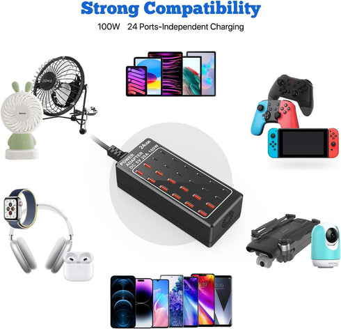 USB Charger Block 100W (20A), 24 Port Multiple USB Charger Station, Desktop USB Wall Charger for Apple & Samsung