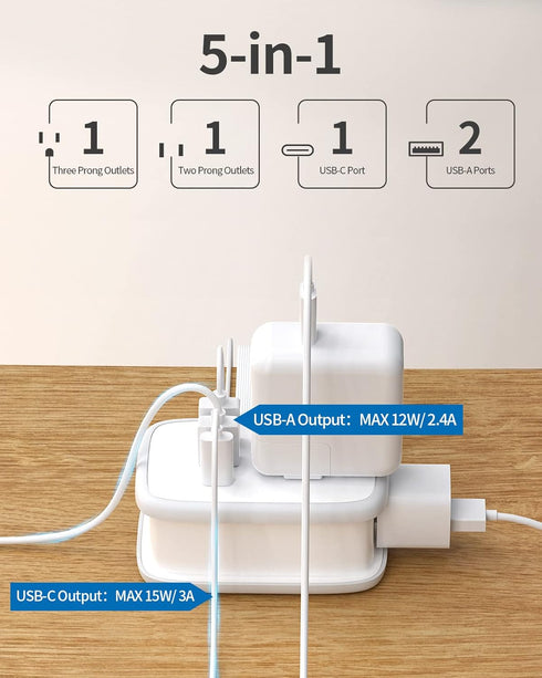 NTONPOWER USB C Travel Power Strip, Flat Plug with 3ft Extension Cord, 2 Outlets 3 USB Ports, Cruise Approved