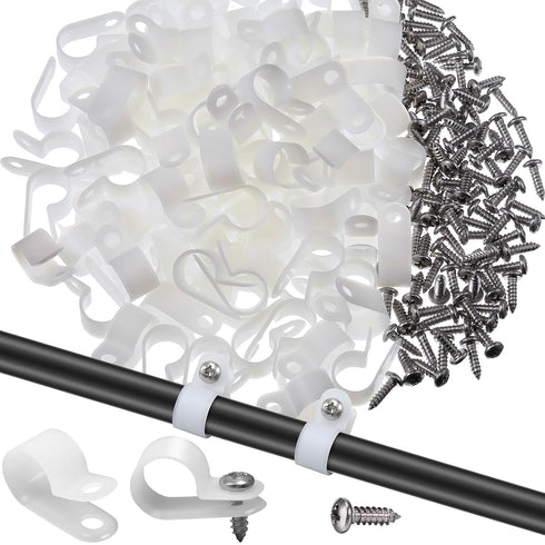 Hicarer 100 Pack R-type Clip Cable Fastener Wire Clamp, Nylon Screw Mounting Electrical Grip Clips with 100 Screws