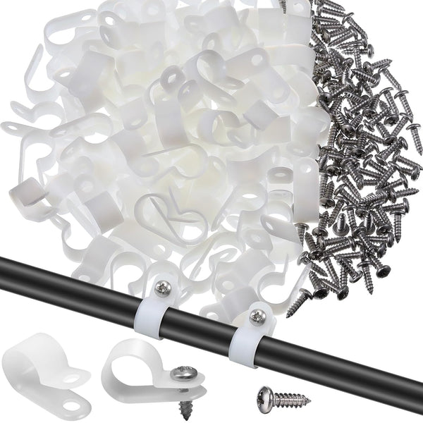 Hicarer 100 Pack R-type Clip Cable Fastener Wire Clamp, Nylon Screw Mounting Electrical Grip Clips with 100 Screws