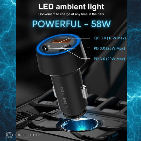 USB C Car Charger Fast Charging - LEXAA TECH 58W Dual Port PD&QC 3.0 Compatible with iPhone 15 14 13 12 Pro Max