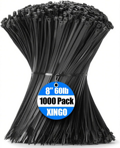 XINGO 1000 PCS Black Zip Ties 8 Inch, 60 LBS Tensile Strength,