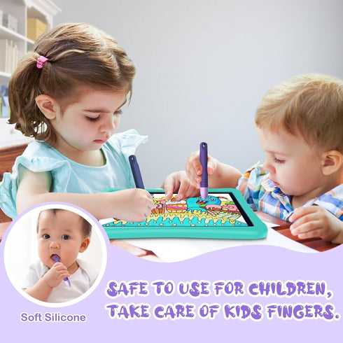 Kid-Friendly Stylus Pens for Touch Screens with Tethers, Mixoo Anti-Rolling Tablet Stylus 2 Pack for Kids, Compatible