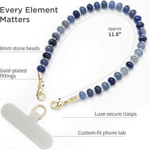 Handmade Natural Stone Phone Charm - Beaded Wrist Strap with Tether Tab