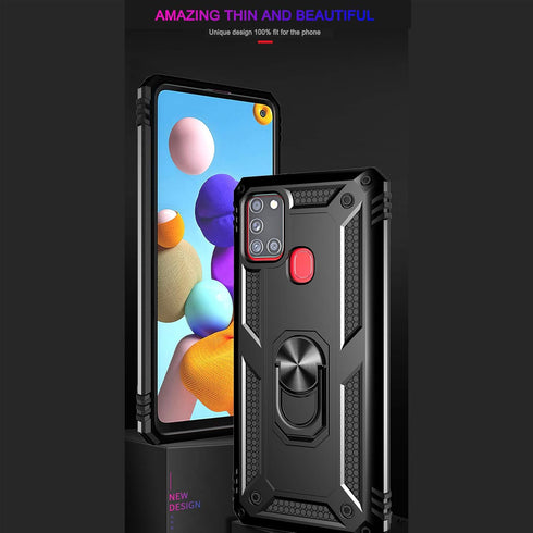 Samsung Galaxy A21s Case with Tempered Glass Screen Protectors, Military-Grade Shockproof Cover with Kickstand, Black