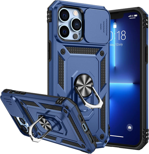 iPhone 13 Pro Max Case with Slide Camera Cover & 360° Rotate Ring Stand, Military Drop Protection, Blue