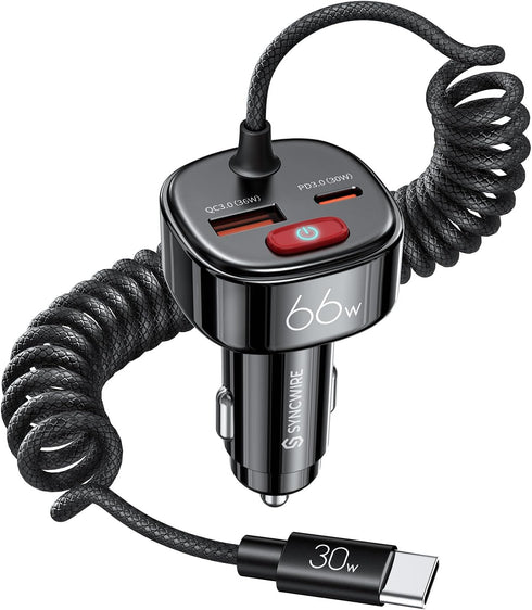 Syncwire USB C Car Charger, 66W Super Fast Adapter with PD & QC 3.0, Built-in 6FT Type C Coiled Cable