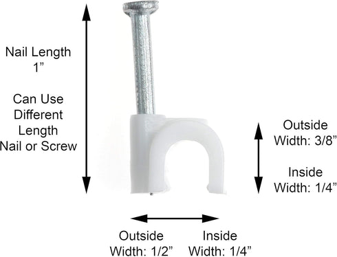 THE CIMPLE CO Single Coaxial Cable Clips, Cat6 Electrical Wire Clip, 1/4 in (6 mm) Nail Clip, White (50 Pieces)