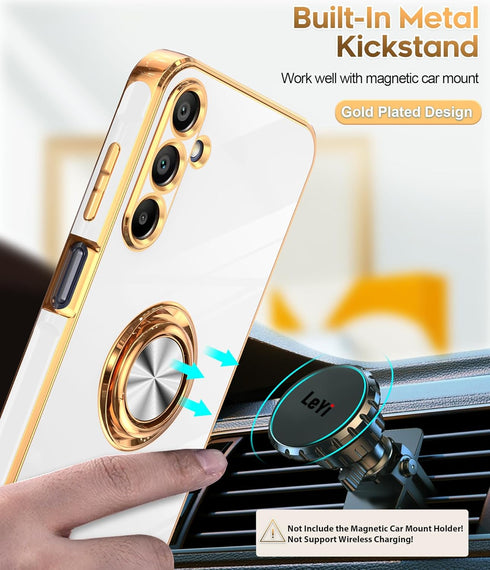 LeYi Samsung A15 5G Case with Tempered Glass Screen Protector, White 360° Rotatable Ring Holder Magnetic Kickstand