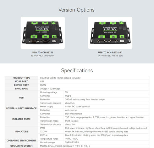Waveshare Industrial Isolated USB to 4CH RS232 Converter (DB9 Female Interface), Adopts Original FT4232HL Chip,