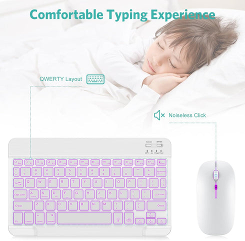 TECURS Bluetooth Keyboard and Mouse Combo for iPad, 7-Color Backlit Rechargeable Wireless Keyboard & Mouse