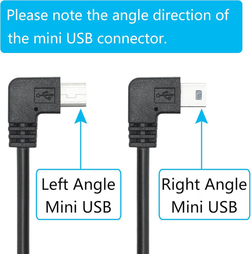 Right Angle Dash Cam Power Cord 11.5FT, 90 Degree Mini USB Charging Cable 24AWG for Garmin Nuvi GPS, Canon Camera, Dash