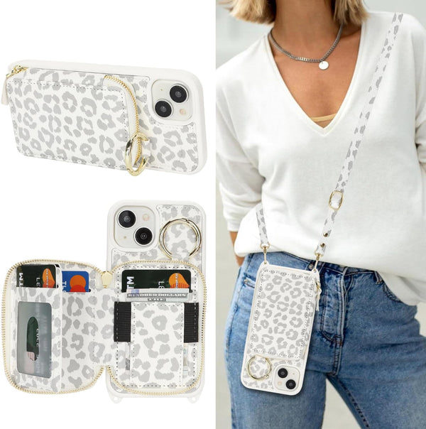 Hamany Crossbody Wallet Case for iPhone 13, PU Leather Zipper Handbag Purse Flip