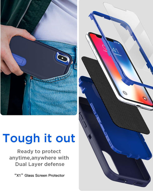 AICase iPhone X/XS Heavy Duty Rugged Case with Kickstand & Glass Screen Protector, Shockproof Military Protection 5.8"