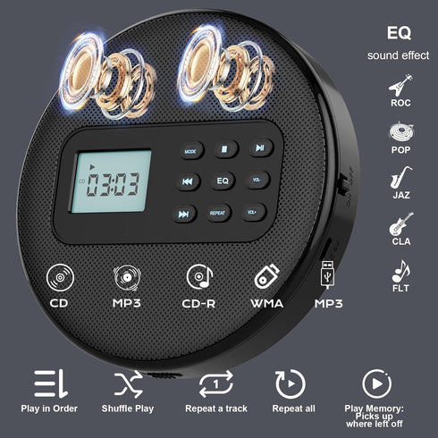 Kuephom Discman CD/USB/MP3 Portable CD Player with Headphones and Built-in Speakers: Rechargeable with Anti-Skip