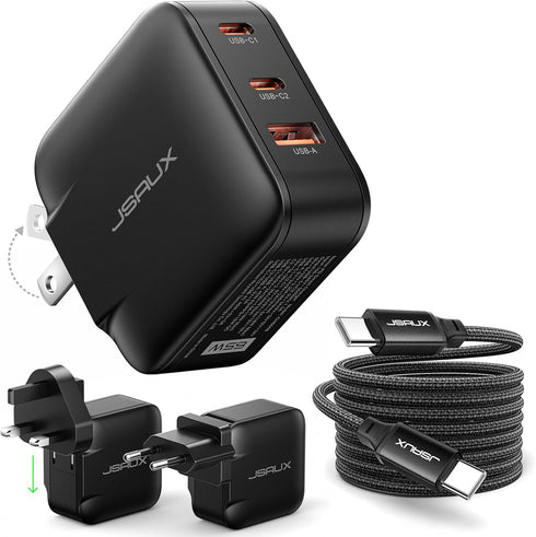 JSAUX 65W USB C Wall Charger, 3-Port GaN Fast Charger Block with Foldable