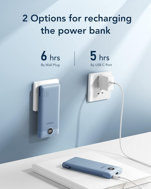 VEGER Portable Charger for iPhone, Built-in Cables and Wall Plug, 10000mAh Slim Fast Charging Power Bank