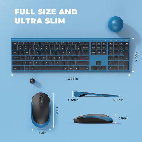 Wireless Keyboard and Mouse, Vssoplor 2.4GHz Rechargeable Compact Quiet Full-Size Keyboard and Mouse Combo, Sapphire