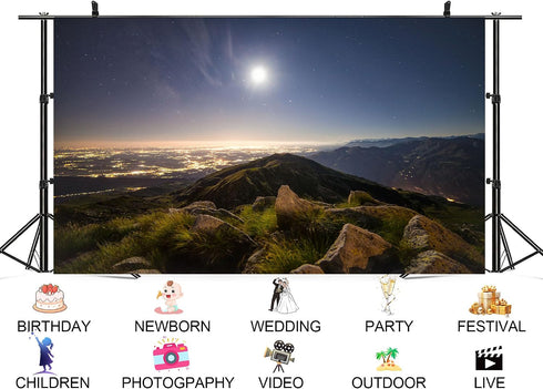 UPXIO 8x8ft Mountain Night View Backdrop with City Lights and Dark Sky Photo Background Tapestry for Evening