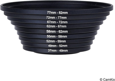 Step Up Lens Filter Adapter Rings - Set of 9 - Fit Larger Size Lens Filters on Smaller Diameter Lens - Sizes: 37-82 mm