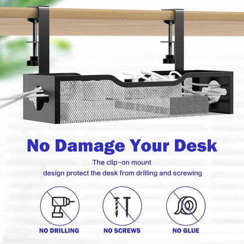 Under Desk Cable Management Tray 25.12", Extra Large No Drill Cord Organizer with Adjustable Clamps for Home Office
