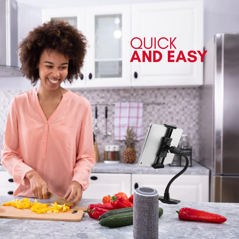 Macally Adjustable Gooseneck Tablet Holder & Phone Clip for Phones & Tablets up to 8” - Black Clip On Clamp