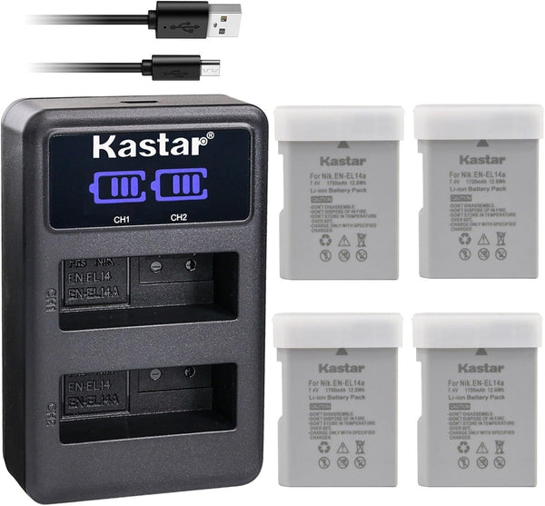 Kastar 4-Pack EN-EL14A Battery and LED2 USB Charger for Nikon D3300, D3400, D3500, D5100, D5200, D5300 Cameras