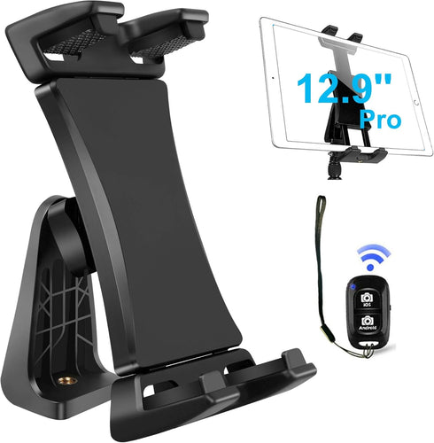 iPad Tablet Tripod Mount Adapter, 360 Degree Rotatable Clamp Holder with Bluetooth Remote for iPad Pro, Air, Mini