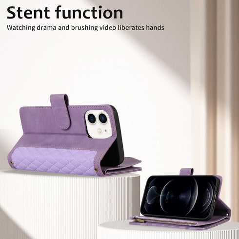 Asuwish iPhone 12 Pro Wallet Case: Purple Flip Cover with Tempered Glass, Zipper Card Holder & Crossbody Strap for