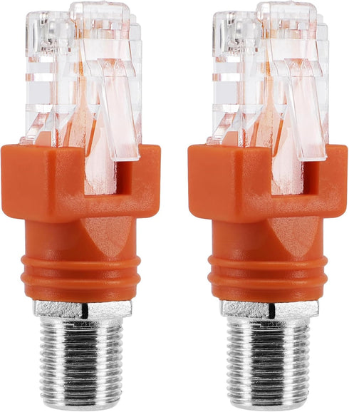 RF to RJ45 Converter Adapter, 2 Pack F Female to RJ45 Male Ethernet Adapter Coaxial Coupler Coax Straight Connector - Orange