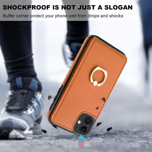 Folosu iPhone 11 Case Wallet with Card Holder, 360°Rotation Finger Ring Holder, Shockproof PU Leather Cover, Brown