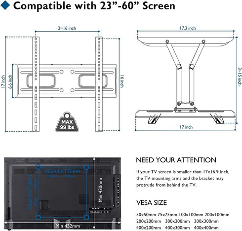 BONTEC 23-70 Inch 99 lbs, 400x400mm, 16" Full Motion TV Wall Mount for TVs, Hold up to Max VESA Swivel Tilt Dual Arms