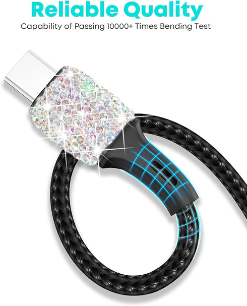 Bling USB Car Charger, 5V 2.4A Dual Port Fast Adapter with 4ft Nylon Type C Micro USB Charging Cable