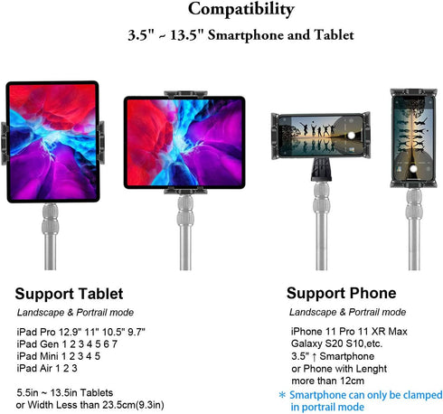iPad Tablet Tripod Mount Adapter, 360 Degree Rotatable Clamp Holder with Bluetooth Remote for iPad Pro, Air, Mini