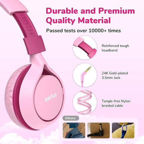EarFun S1 Kids Headphones, Foldable Wired On-Ear Headphones with 85dB Volume Limit for School, Travel, Pink