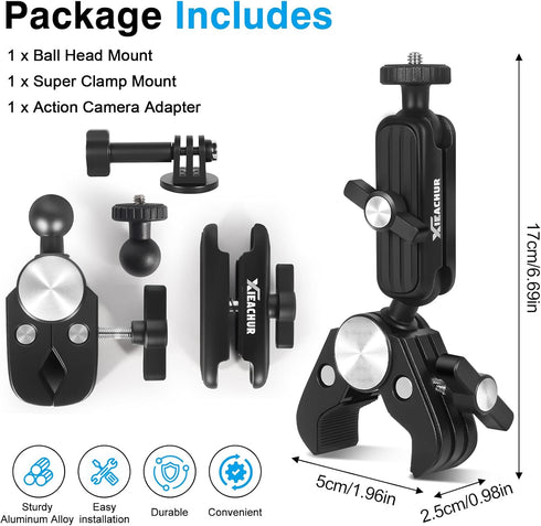 XIEACHUR 1/4 Inch Super Clamp Camera Mount Double Ball Head Magic Arm with Threads Universal Mount for Monitor Light
