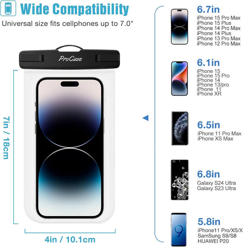 ProCase 6 Pack Waterproof Phone Pouch Waterproof Phone Case for iPhone 15 14 13 12 11 Pro Max XS X, Cell Phone Pouch Holder with Lanyard for Galaxy S23 S22 S21 Pixel Up to 7.0" -Black