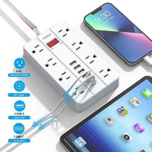 Power Strip with USB - Surge Protector Flat Plug with 8 Outlets & 6 USB Ports, 5ft Extension Cord
