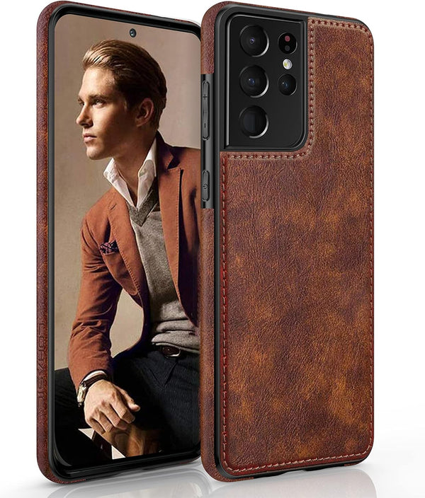LOHASIC for Galaxy S21 Ultra Case, Premium Leather Luxury Business PU Non-Slip Grip Shockproof Cover - Brown